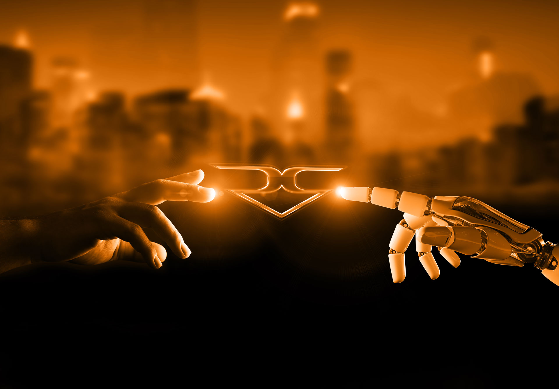 A human hand and a robotic hand reach toward each other: the bridge between the entrepreneur’s idea and the machine.